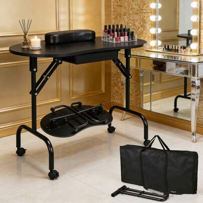 Folding Manicure Table With Lockable Wheels And Bag - 17.5" X 37" Black Tabletop, Iron Plastic MDF, Portable Carrying Bag, Easy Assembly For Mobile Beauticians