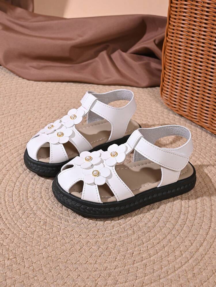 "Girls' Floral Decor Sandals – Adjustable Ankle Strap, Open-Toe Design, Soft Anti-Slip Sole, Cute Summer Casual Footwear For Toddlers & Kids" - White - View 3