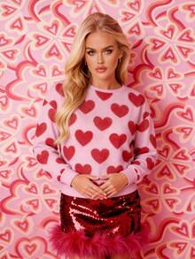 LOVE JOYY Women Crew Neck Long Sleeve Pullover Sweatshirt, Casual & Fashionable, Cute Heart Print, Ideal For Valentine's Day Party And Date, Pink Top