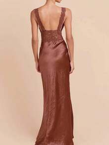 Robe d'été sexy pour femmes en dentelle marron dos nu, robe de soirée longue à ourlet de sirène pour concert, robe de soirée élégante en tricot transparent - Tabac - Voir 12