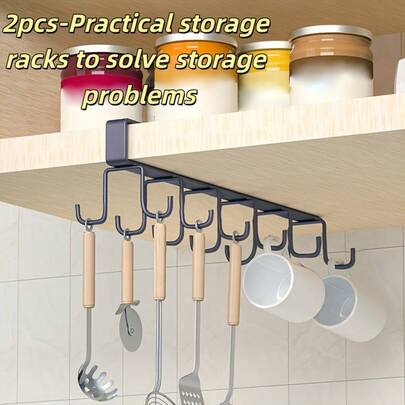 2 piezas - Estante de almacenamiento de doble nivel con 12 ganchos de acero inoxidable, diseñado para ahorrar espacio en la cocina. Duradero, fácil de limpiar, sin necesidad de perforar para la instalación, ideal para almacenar tazas de café, tazas y otros utensilios de mesa.