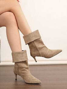 Fall/Winter Slimming New Retro Suede Leather Pointed Toe High Heel Slip-On Mid-Calf Boots,Kitten Heels,Stiletto Heels - Khaki - View 10