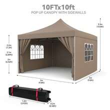 Gazebo Instantáneo 10x10 ft con 4 Paredes Laterales | Toldo Exterior Portátil con Bolso con Ruedas, Impermeable para Jardín, Patio y Eventos al Aire Libre - Caqui - Ver 2