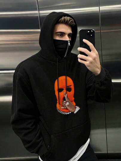 Men's Fashionable "Silence" Gesture Printed Semi Covered Hooded Sweatshirt, And Cool Street Top, Natural And Comfortable Versatile, Men's Casual Cool Top, Winter Men's Clothing, Party Outdoor Top, Fashionable Men's Hooded Sportswear, Semi Covered Hooded Sweatshirt.