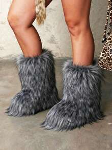 Bestseller Alert! Women's Colorful Faux Fox Fur Mid-Calf Boots, Winter Warm Thickened Fleece-Lined Fuzzy Footwear - 灰色 - 查看 4