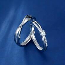 2 piezas Anillos de pareja ajustables de acero inoxidable plateado elegantes para compromiso y promesa nupcial - 1 - Ver 3