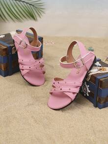 儿童时尚户外凉鞋，夏季方头平底鞋，一体式凉鞋，新款时尚优雅简约设计，高品质儿童春夏鞋履 - 粉色 - 查看 4