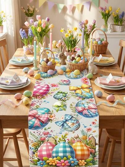 1pc Easter Table Runner With Colorful Decorated Easter Eggs & Bow Tie/Floral Pattern, Fresh Watercolor Style Polyester Long Rectangular Table Decor – With Plaid Textured Egg Details, Bright Bow Embellishments, Easter Table Decor Room Decoration Festive Atmosphere Setup Table Runner For Easter Celebrations, Family Gatherings & Home Indoor Party Decor