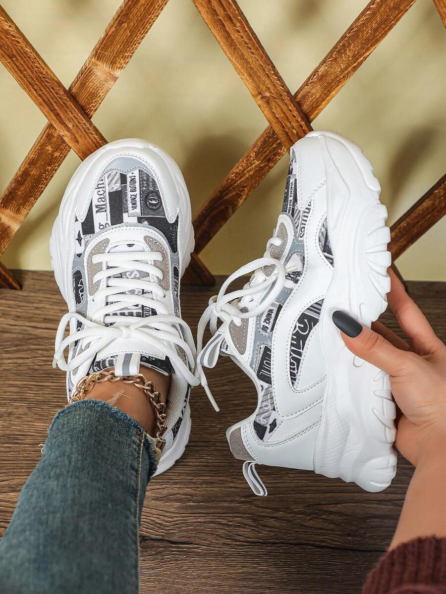 男女通用黑白撞色印花厚底运动鞋，女士休闲运动厚底鞋，情人节礼物，适合户外探险、日常休闲、散步、徒步旅行，四季皆宜 - 白黑迷彩 - 查看 1