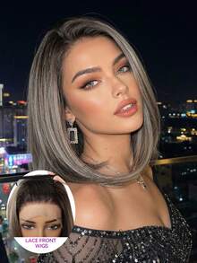 12英寸短直北极星深绿色自然假发，13*4蕾丝前额手工编织蕾丝化纤高密度假发，适合日常角色扮演、派对、婚礼、音乐节、圣诞礼物等场合。进口丝绸材质。 - 彩色 - 查看 11