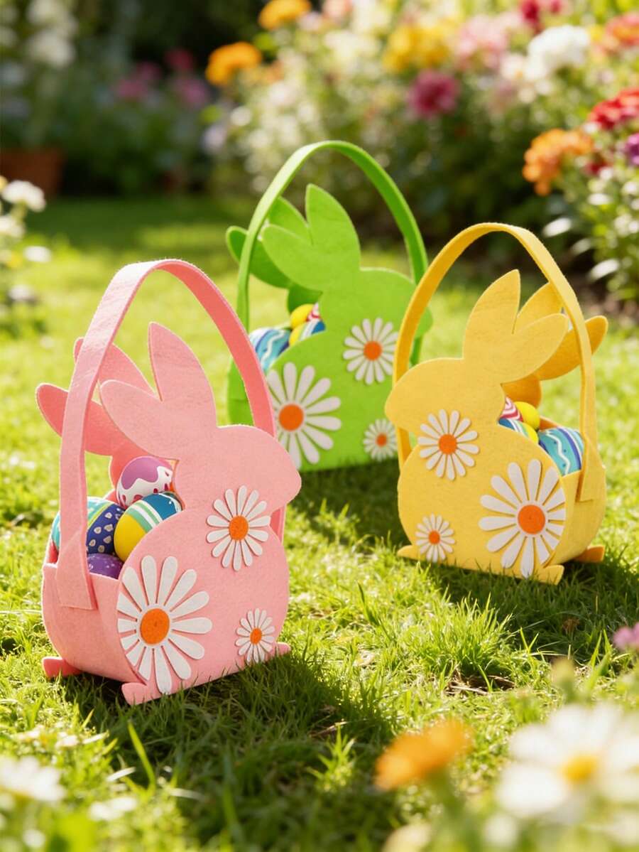 1个复活节兔子耳朵毛毡篮，可爱雏菊花礼品袋，复活节彩蛋寻宝游戏礼品袋，可重复使用的春季派对礼品桶 - 彩色 - 查看 1