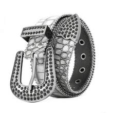 1pc PU Crocodile Texture Printed, Silver Metal Buckle Rhinestone Embellished, Gray Printed Rhinestone Fashionable Versatile Belt - Multicolor - View 12