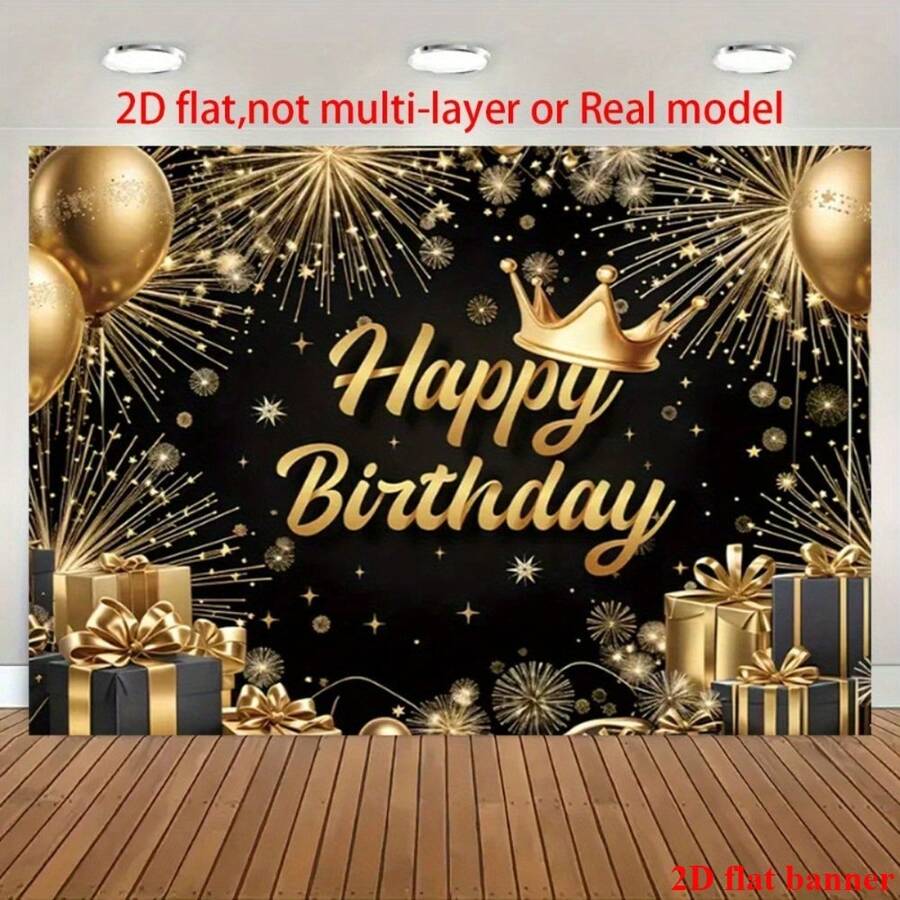 1件优雅黑金生日派对背景横幅，涤纶材质，多种尺寸可选，饰有金色气球、皇冠和烟花生日主题图案，适用于生日派对、主题派对、周年纪念、派对装饰、派对摄影背景等，通用主题，无需用电