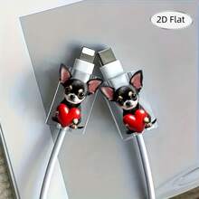 2D Flat, 2pcs Cute Chihuahua Design Data Cable Protective Sleeve Holding A Red Heart - Anti-Break Type-C Charger Data Cable Cover, Durable And Flexible Mobile Phone Wire Protective Cuff, Fun Accessory, Soft Material, High-Tech Gadget, Essential For Gadget Lovers - Multicolor - View 6