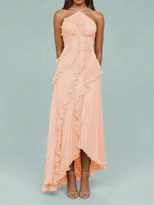 Women Ruffle Hem Pleated Sheer Mesh Long Maxi Dress Sleeveless Halter Neck Irregular Tiered Flowy Long Maxi Dresses For Wedding Guest Summer Holiday Beachwear - 珊瑚粉 - 查看 2