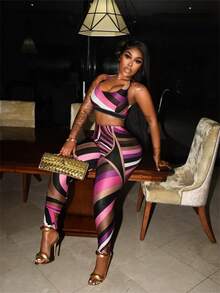 2 Piece Sets Woman  Two Piece Set Ropa De Invierno Mujer  2 Piece Sets Woman Winter Fall Set A Fashionable And Sexy Color-Blocking Printed Top, Vest And Long Pants Set - 紫色 - 查看 1