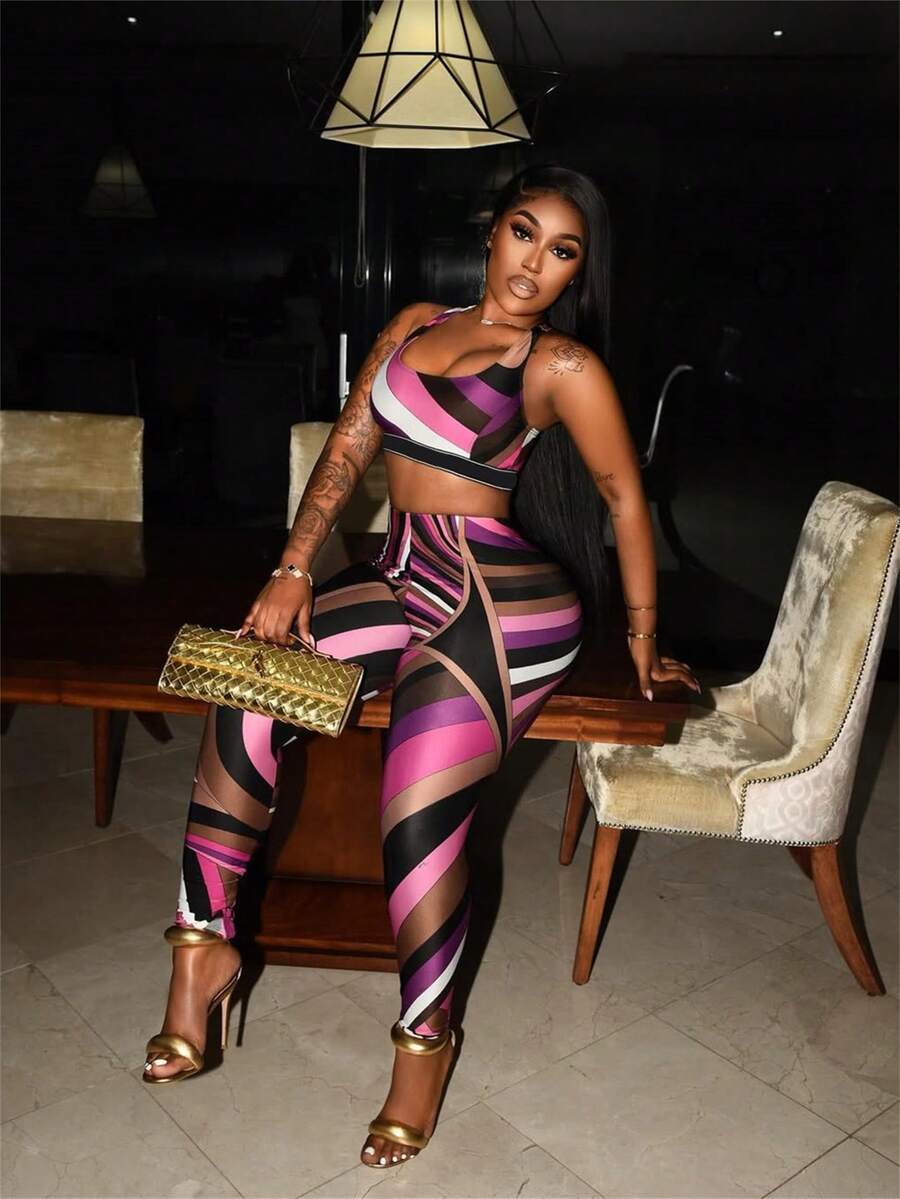 Conjunto de 2 piezas para mujer, conjunto de invierno y otoño, un conjunto con top estampado de color block, chaleco y pantalones largos, elegante y sexy - Morado - Ver 1