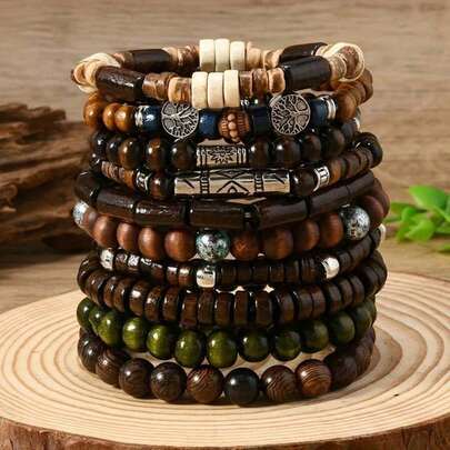 10Pcs/Set Random Men's And Women's Bohemian Style Fashion Wooden Beaded Bracelet, Couple Bracelet Combination Hand String Gift Handmade Beaded Chain Set MQVJ