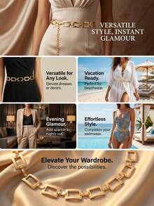 1件波西米亚风长方形金色腰链腰带，女士时尚身体饰品金属腰链，几何腰带配饰，可搭配连衣裙 - 金色 - 查看 4