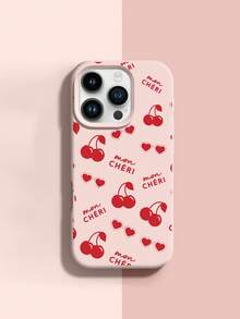 1pc Fashionable Heart & Cherry Letter Pattern Liquid Silicone Shockproof Soft Phone Case, Compatible With IPhone 11/12/13/14/14Plus/15/15Plus/16/16Plus/7/8Plus/17/17Pro - Multicolor - View 1