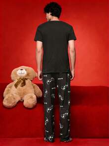 男士印花短袖睡衣套装，夏季家居服 - 黑色 - 查看 2