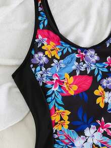 Tropical Print Side Drawstring Belly Covering Tankini Set, For Summer Beach Vacation - Multicolor - View 8