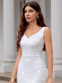 MIUSOL Đầm maxi dạ hội cổ tim, phối màu tương phản, đính sequin và ren lưới, dáng đuôi cá, thích hợp cho đám cưới, màu trắng, mùa xuân. - trắng - Xem 10