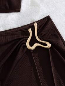 Asymmetrical Short Skirt Bikini Set With A Sexy Strapless Design - Brown - View 5
