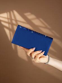 REMANLAND 1个优雅褶皱水钻装饰女士手提包，时尚迷人的女士晚宴手拿包，信封式小方包，带隐藏式卡槽，配有可拆卸金属链的单肩包，适合派对女孩、新娘和节日礼物 - 藏蓝色 - 查看 6