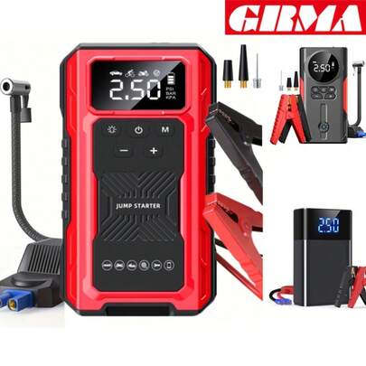 7-In-1 Portable Car Jump Starter With Air Compressor & LCD Display - Heavy-Duty Battery Booster Suitable For Gas/ Engines, Emergency Power Source With 3-Mode Flashlight