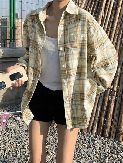 Retro American Plaid Long Sleeve Chic Loose Fit Shirt For Women, Unique Design, Autumn