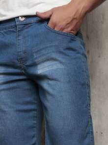 Men's Plain Denim Bermuda Shorts With Elastane - Medium Wash - View 4
