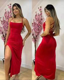 Side Slit Dress With Ribbed Knit, Open Back / Backless Design, Zigzag Side Opening. - Red - View 2