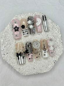 10 miếng dán móng tay kiểu Pháp phong cách retro Y2K, móng giả 3D hình hoa hồng và nơ ngọc trai màu hồng, dụng cụ làm móng hình quan tài dễ thương (1 miếng dán dạng thạch + 1 dũa móng) Móng giả dán thủ công - Hồng - Xem 14