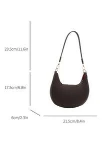 1pc PU Solid Color Zipper Crescent Underarm Bag, Fashionable Retro Shoulder Bag, Suitable For Office Ladies, Versatile (Lychee Pattern Style) - Coffee - View 5