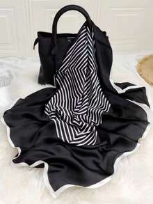 Women's Scarf With Elegant Geometric Print And Satin Finish, 90cm X 90cm - 黑色 - 查看 4