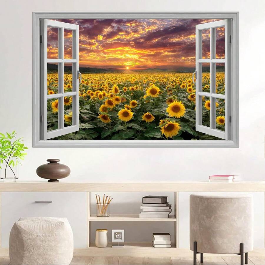 1 tấm giấy dán tường 3D hình hoa hướng dương nhìn ra cửa sổ, hình ảnh bình minh kỹ thuật số tuyệt đẹp, thích hợp cho phòng khách, phòng ngủ, phòng học, ký túc xá, trang trí trần nhà, có thể tháo rời, chống thấm nước, trang trí theo mùa, dễ dàng tự làm. - 0466+FZQT - Xem 1