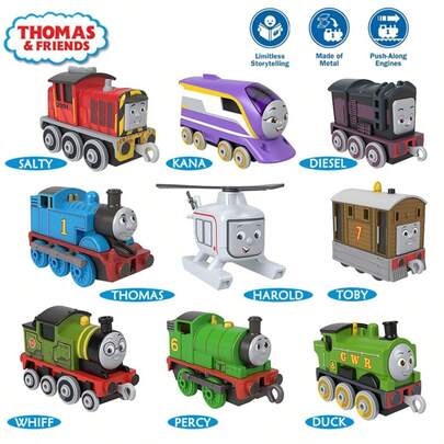 Mattel 1个托马斯和朋友金属合金火车造型推拉玩具，适合3岁及以上儿童。车轮滚动顺畅，配有可连接挂钩。造型鲜艳可爱，便携小巧，室内外皆可玩耍，兼容轨道，是绝佳的生日/圣诞礼物，互动玩具。