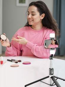 Bluetooth Remote Control Alloy Selfie Stick, 130cm Length, With Phone Holder, Equipped With 3-Color LED Light, Extendable, 360° Rotation, Anti-Shake And Foldable, Portable Tripod Design, Ensures Stable Shooting, Suitable For Live Streaming - one-size - View 5