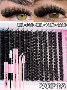 280/224pcs D-Curl Eyelash Extension Kit, DIY Eyelash Extension Set, 280/224pcs Lightweight Natural Curly Eyelashes, Thin And Lightweight, Curl Degree Almost Same As Natural Lashes, 8-16mm, 30D, 60D, 80D, 100D, 150D Individual Eyelash Extension Kit, Including Eyelash Glue, Sealer, Tweezers, Makeup Remover, Eyelash Brush, For Personal Use (8-16mm, Set) - Black - View 8