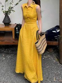 Vestido largo de mujer Vestido sin mangas amarillo de moda, elegante y exclusivo, nuevo en verano, estilo Hong Kong, hermoso vestido largo entallado para mujer - Amarillo - Ver 2