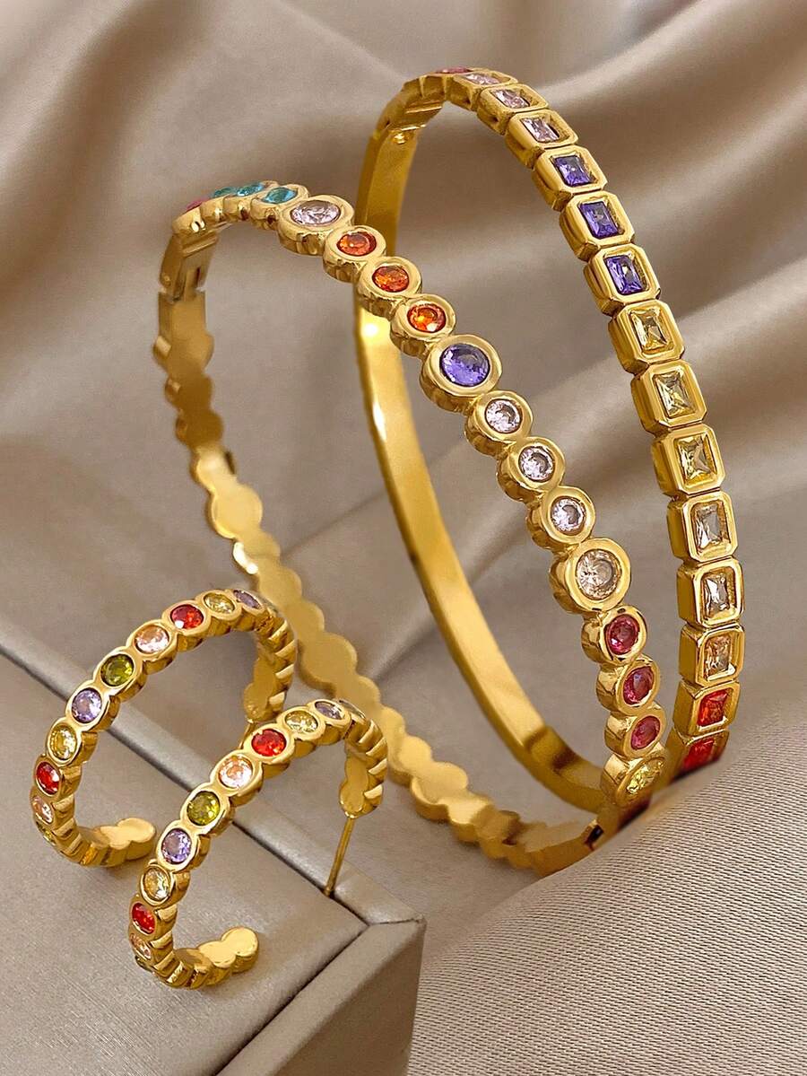 Bộ vòng tay và bông tai bằng thép không gỉ nhiều màu sắc, mạ vàng 18K sang trọng, kiểu dáng cổ điển, trang sức thanh lịch dành cho nữ, thích hợp cho Ngày Valentine, tiệc tùng, buổi tối, hàng ngày, năm mới, đám cưới, đi biển, Giáng sinh, kỷ niệm, Ngày của Mẹ, quà tặng phong cách Bohemian cho phù dâu. - Nhiều màu - Xem 1