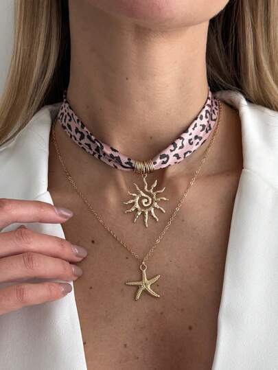 2pcs/Set Bohemian Style Starfish, Sunflower, Flame, Leopard Print Velvet Pendant Necklace Set For Women, Luxurious & Elegant For Daily, Festival, Party, Versatile Metal Necklace Gift