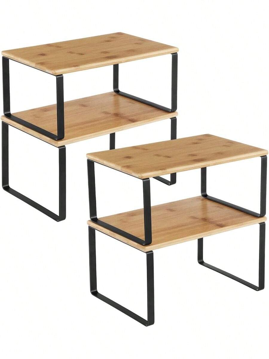 SONGMICS Organizadores de Cocina, Juego de 4 Estantes de Cocina, Apilables, Expandibles, Metal y Madera de Ingeniería, Negro y Natural MKCS10NB - Negro + Natural - Ver 1