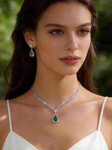 1 Set Women's Teardrop Rhinestone Necklace And Earrings Jewelry Set, Bridal Wedding Party Accessories - Multicolor - View 3