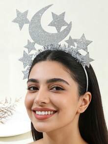 1pc Silver Glitter Star & Moon Headband, Festive Glitter Star & Moon Design, Popular Party & Photo Prop Item - Silver - View 6