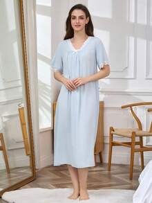 Women's Fashion V-Neck Sleepwear, New Summer Short Sleeve Sweet Casual Homewear - Blue - View 4