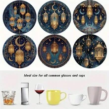 6 pièces/set Dessous de verre en bois imprimés avec motif de lanterne de lune, convient pour la maison, le café, le thé de l'après-midi, la décoration de restaurant, les fêtes à thème, la décoration quotidienne, peut être utilisé comme cadeau, décoration de la maison, décoration de bureau, décoration de fête, disponible en 1 set ou 31 sets - bleu indigo - Voir 7
