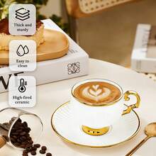 Porcelain Coffee Cups And Saucers Set Of 6 | 3.38oz Ceramic Cups For Cappuccino, Latte, Mocha, Tea - A - View 4