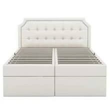 Cama tapizada de 140x200 cm con cajón de almacenaje y somier de láminas metálicas, moderna cama doble de PU con función de almacenaje, adecuada para dormitorios, habitaciones juveniles, apartamentos, sin colchón. - Blanco - Ver 11